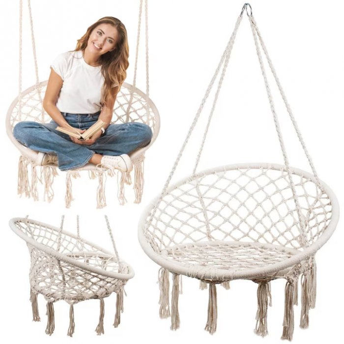 Hamac suspendat pentru interior/exterior VarioShop®, pentru terasa, balcon, gradina, cadru metalic impletit cu bumbac, capacitate pana la 120 kg, Bej [12]