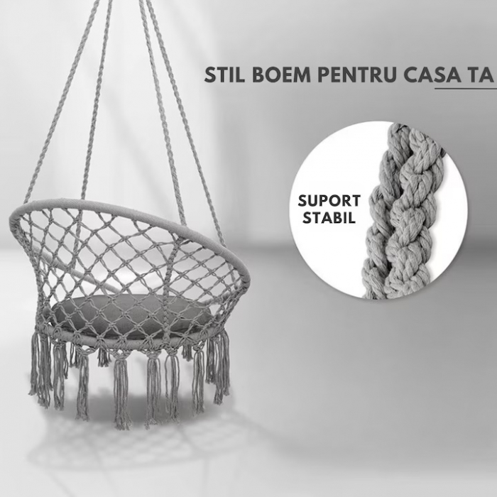 Hamac suspendat pentru interior/exterior VarioShop®, pentru terasa, balcon, gradina, cadru metalic impletit cu bumbac, capacitate pana la 120 kg, Gri [3]