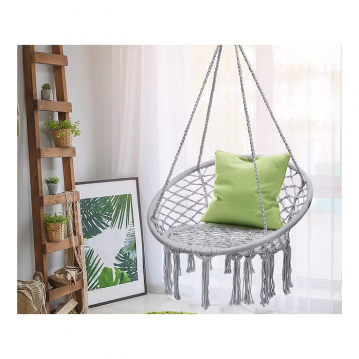 Hamac suspendat pentru interior/exterior VarioShop®, pentru terasa, balcon, gradina, cadru metalic impletit cu bumbac, capacitate pana la 120 kg, Gri [7]