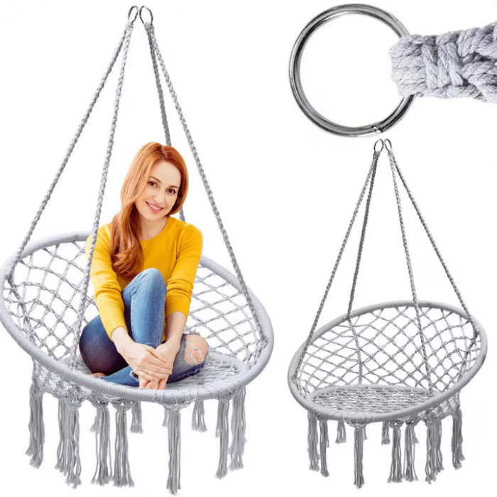 Hamac suspendat pentru interior/exterior VarioShop®, pentru terasa, balcon, gradina, cadru metalic impletit cu bumbac, capacitate pana la 120 kg, Gri [9]