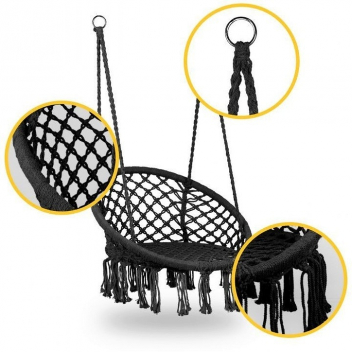 Hamac suspendat pentru interior/exterior VarioShop®, pentru terasa, balcon, gradina, cadru metalic impletit cu bumbac, capacitate pana la 150 kg, Negru [9]