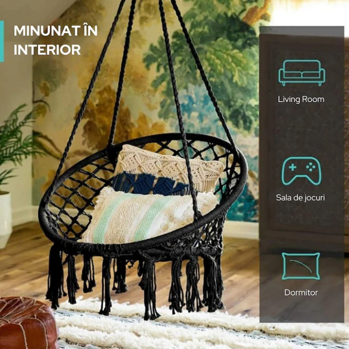 Hamac suspendat pentru interior/exterior VarioShop®, pentru terasa, balcon, gradina, cadru metalic impletit cu bumbac, capacitate pana la 150 kg, Negru [4]
