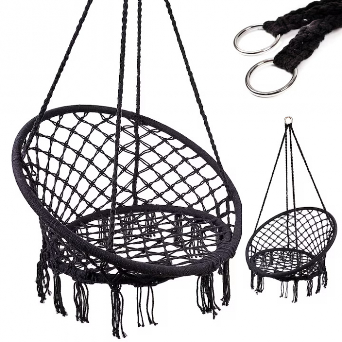 Hamac suspendat pentru interior/exterior VarioShop®, pentru terasa, balcon, gradina, cadru metalic impletit cu bumbac, capacitate pana la 150 kg, Negru [11]