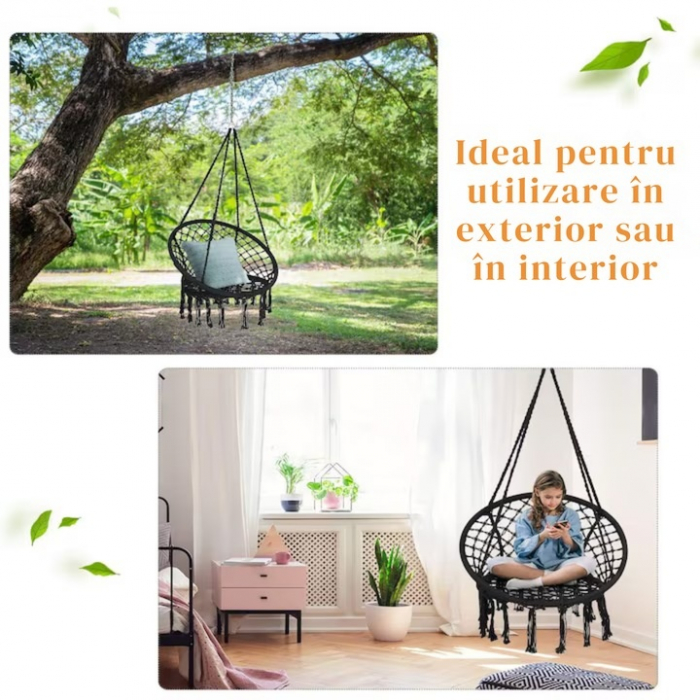 Hamac suspendat pentru interior/exterior VarioShop®, pentru terasa, balcon, gradina, cadru metalic impletit cu bumbac, capacitate pana la 150 kg, Negru [10]