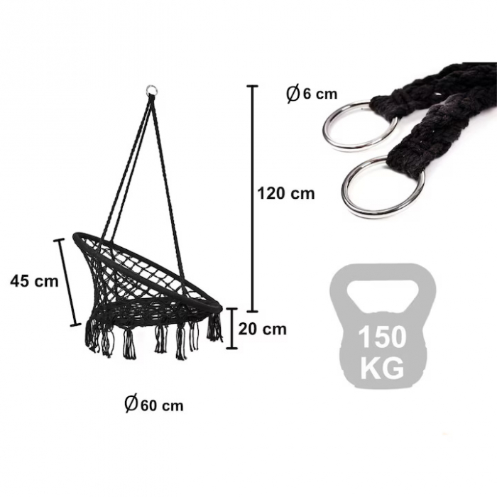 Hamac suspendat pentru interior/exterior VarioShop®, pentru terasa, balcon, gradina, cadru metalic impletit cu bumbac, capacitate pana la 150 kg, Negru [7]