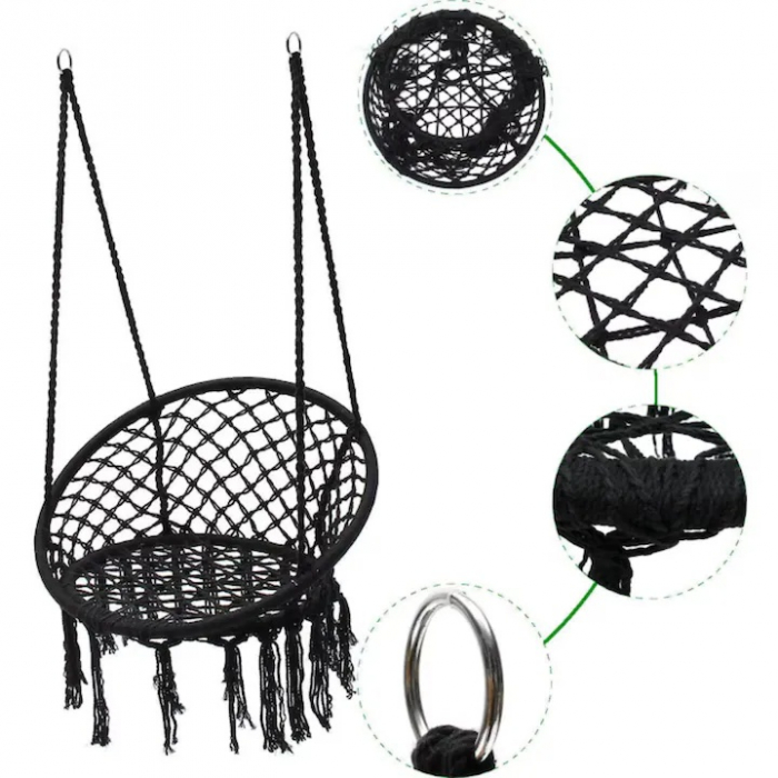 Hamac suspendat pentru interior/exterior VarioShop®, pentru terasa, balcon, gradina, cadru metalic impletit cu bumbac, capacitate pana la 150 kg, Negru [14]