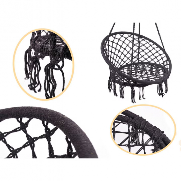 Hamac suspendat pentru interior/exterior VarioShop®, pentru terasa, balcon, gradina, cadru metalic impletit cu bumbac, capacitate pana la 150 kg, Negru [12]