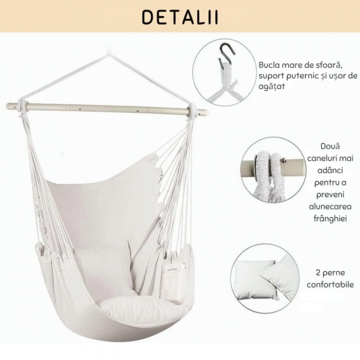 Hamac tip leagan suspendat pentru casa sau gradina VarioShop®, cu cadru din lemn, pentru interior/exterior, 130 x 100 cm, greutate maxima 150 kg, Crem [4]