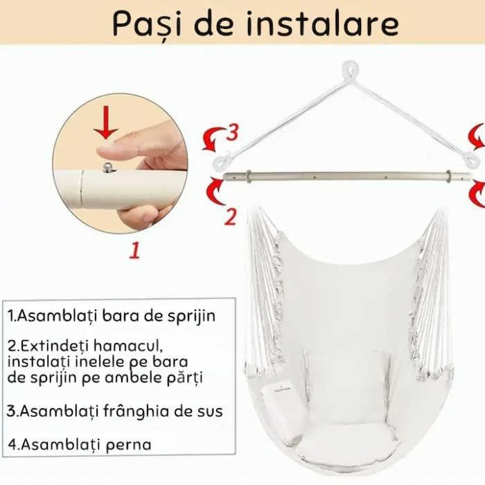 Hamac tip leagan suspendat pentru casa sau gradina VarioShop®, cu cadru din lemn, pentru interior/exterior, 130 x 100 cm, greutate maxima 150 kg, Crem [7]