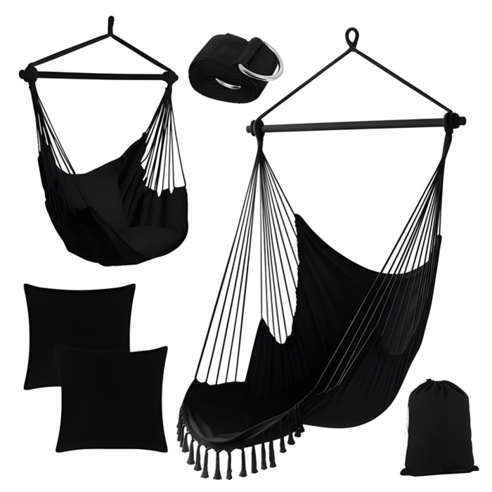 Hamac tip leagan suspendat pentru casa sau gradina VarioShop®, cu cadru din lemn, pentru interior/exterior, 220 x 100 x 115 cm, greutate maxima 150 kg, Negru [5]