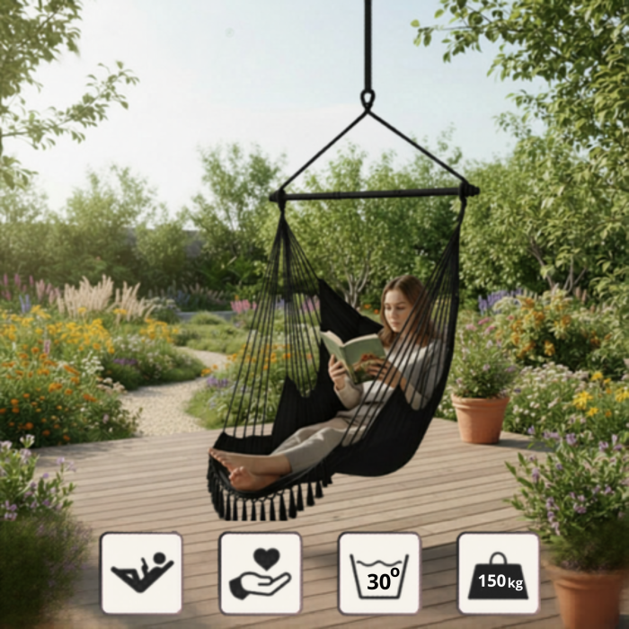 Hamac tip leagan suspendat pentru casa sau gradina VarioShop®, cu cadru din lemn, pentru interior/exterior, 220 x 100 x 115 cm, greutate maxima 150 kg, Negru [2]