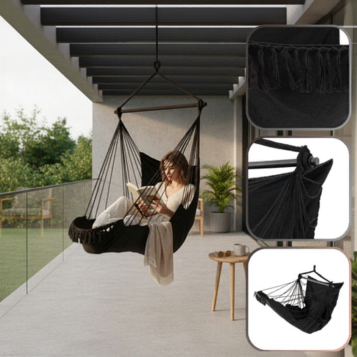 Hamac tip leagan suspendat pentru casa sau gradina VarioShop®, cu cadru din lemn, pentru interior/exterior, 220 x 100 x 115 cm, greutate maxima 150 kg, Negru [3]