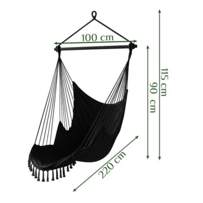 Hamac tip leagan suspendat pentru casa sau gradina VarioShop®, cu cadru din lemn, pentru interior/exterior, 220 x 100 x 115 cm, greutate maxima 150 kg, Negru [8]