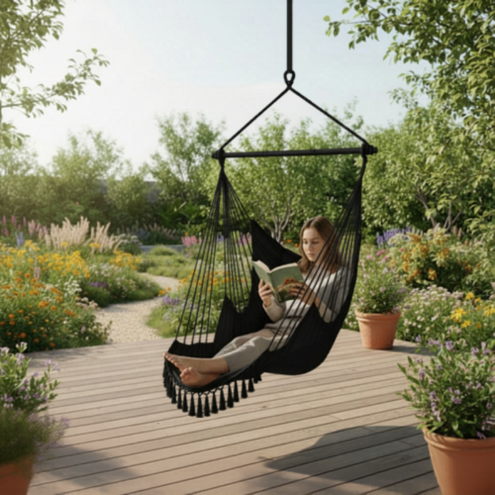 Hamac tip leagan suspendat pentru casa sau gradina VarioShop®, cu cadru din lemn, pentru interior/exterior, 220 x 100 x 115 cm, greutate maxima 150 kg, Negru [4]