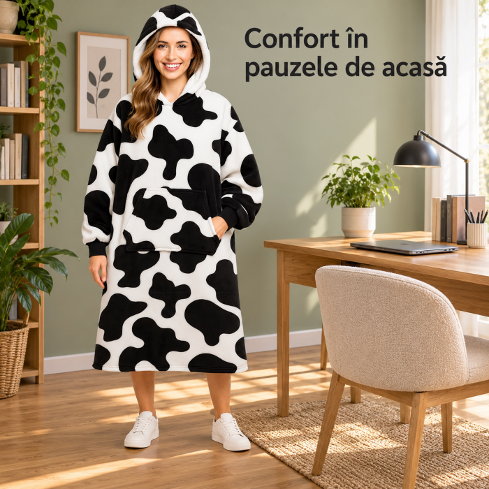 Hanorac patura cu gluga si maneci VarioShop®, marime universala XXL, interior gros si pufos, 115 x 80 cm, poliester, alb/negru [5]