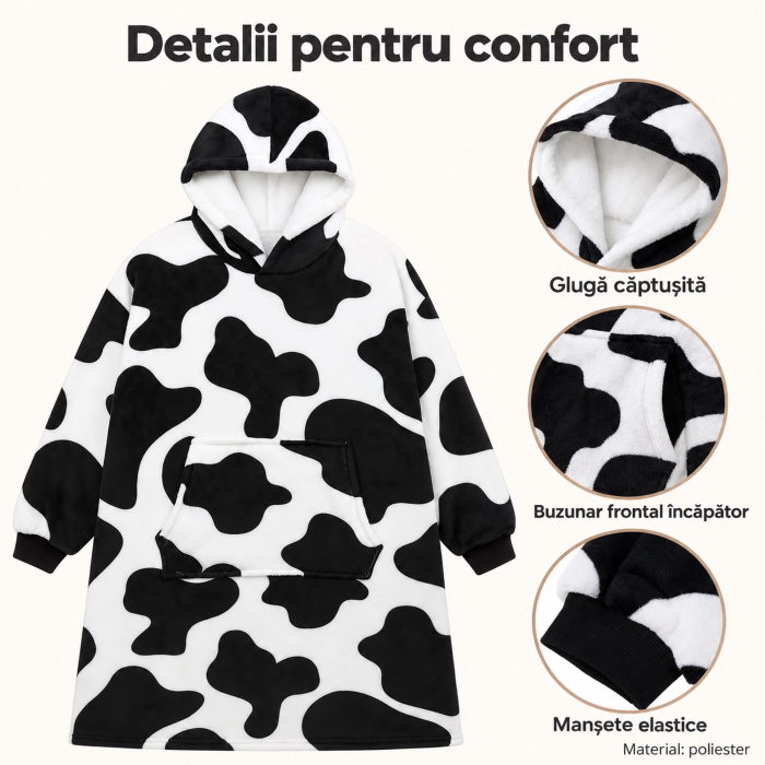 Hanorac patura cu gluga si maneci VarioShop®, marime universala XXL, interior gros si pufos, 115 x 80 cm, poliester, alb/negru [6]