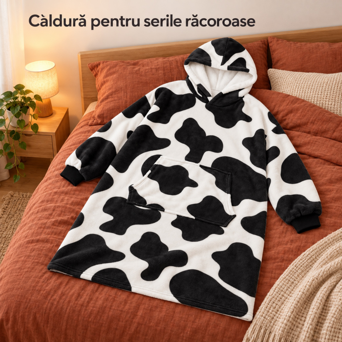 Hanorac patura cu gluga si maneci VarioShop®, marime universala XXL, interior gros si pufos, 115 x 80 cm, poliester, alb/negru [7]