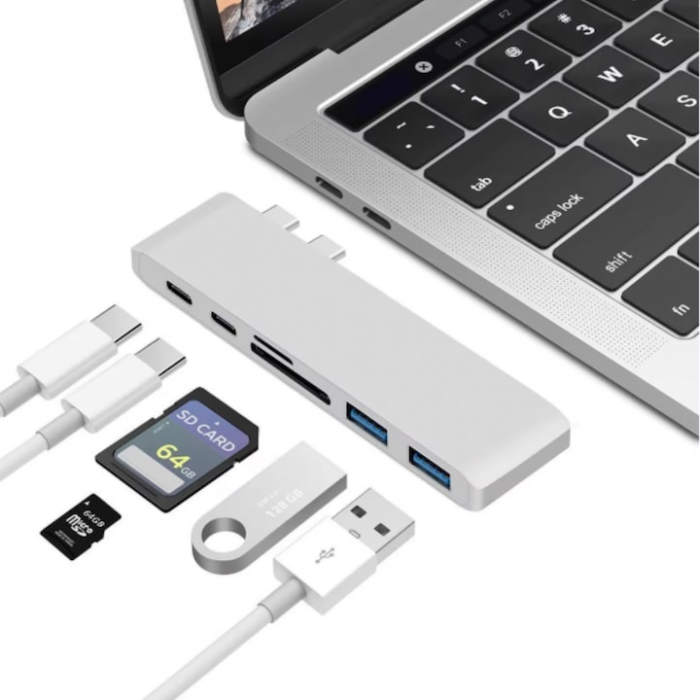 Hub Adaptor Multiport 6 in 1 VarioShop®, pentru Macbook/Laptop, USB 3.0, Micro SD/SD Card Reader, TF, Type C(PD), Gri [11]