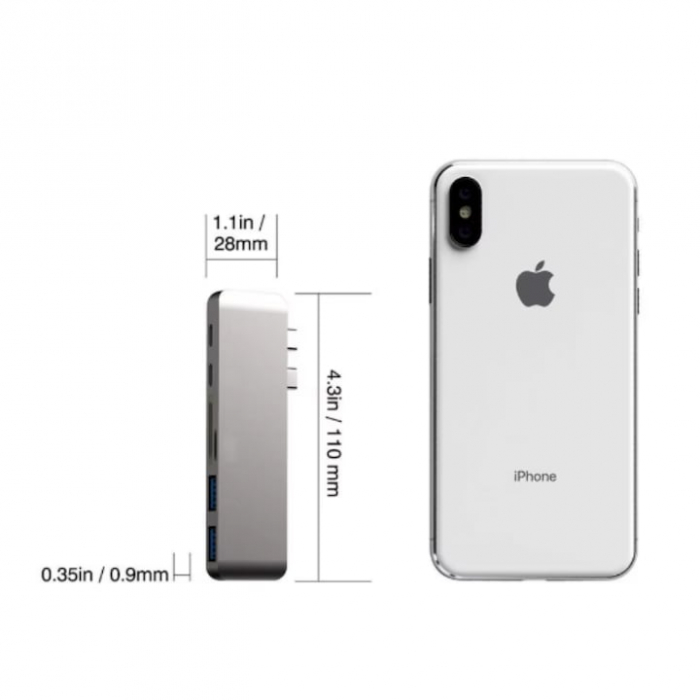 Hub Adaptor Multiport 6 in 1 VarioShop®, pentru Macbook/Laptop, USB 3.0, Micro SD/SD Card Reader, TF, Type C(PD), Gri [4]