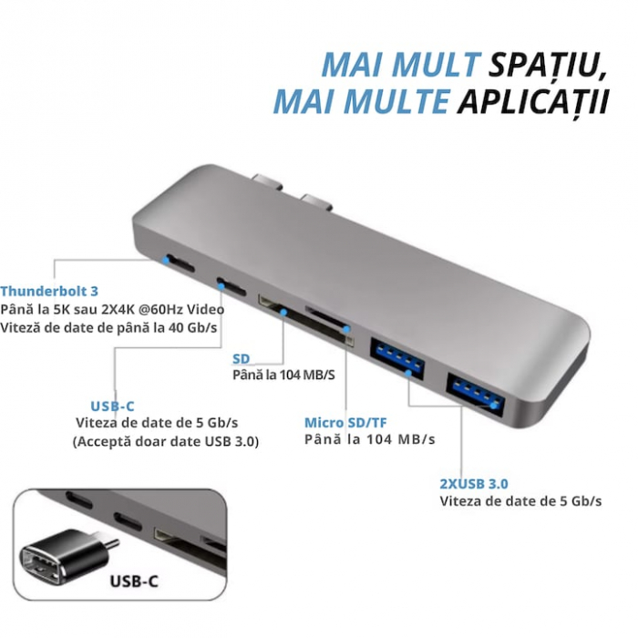 Hub Adaptor Multiport 6 in 1 VarioShop®, pentru Macbook/Laptop, USB 3.0, Micro SD/SD Card Reader, TF, Type C(PD), Gri [2]