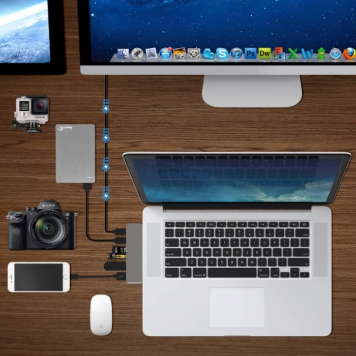 Hub Adaptor Multiport 6 in 1 VarioShop®, pentru Macbook/Laptop, USB 3.0, Micro SD/SD Card Reader, TF, Type C(PD), Gri [7]