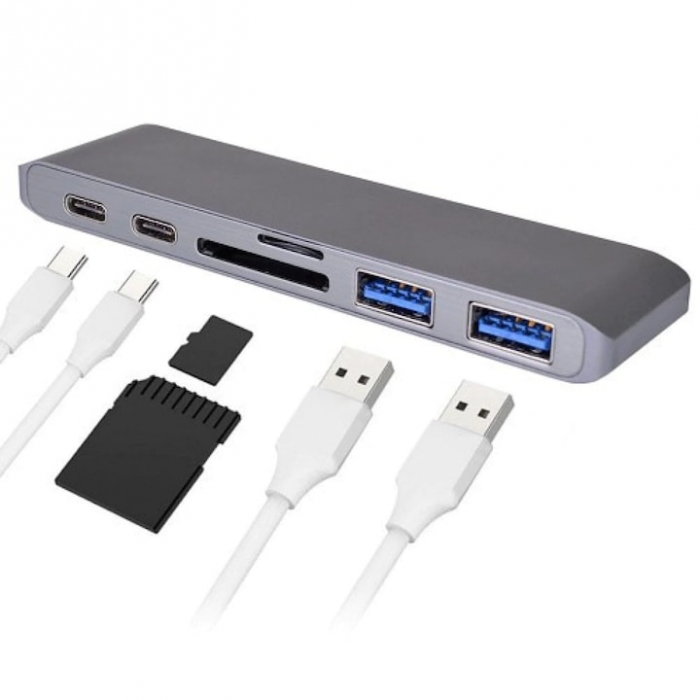 Hub Adaptor Multiport 6 in 1 VarioShop®, pentru Macbook/Laptop, USB 3.0, Micro SD/SD Card Reader, TF, Type C(PD), Gri [8]