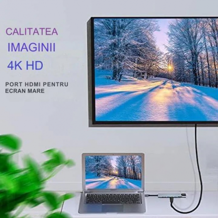 Hub Adaptor Multiport 8 in 1 VarioShop®, USB-C 3.1, HDMI 4K / LAN RJ45 Ethernet / Type C Port / USB 3.0 / Power Delivery Port 87W / TF si SD Card Reader, statie de Docking Station pentru Laptop [7]