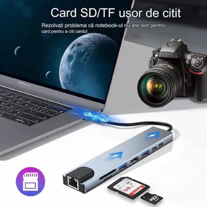 Hub Adaptor Multiport 8 in 1 VarioShop®, USB-C 3.1, HDMI 4K / LAN RJ45 Ethernet / Type C Port / USB 3.0 / Power Delivery Port 87W / TF si SD Card Reader, statie de Docking Station pentru Laptop [8]