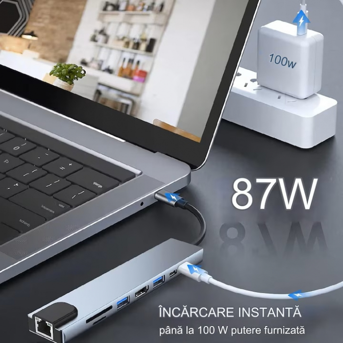 Hub Adaptor Multiport 8 in 1 VarioShop®, USB-C 3.1, HDMI 4K / LAN RJ45 Ethernet / Type C Port / USB 3.0 / Power Delivery Port 87W / TF si SD Card Reader, statie de Docking Station pentru Laptop [3]