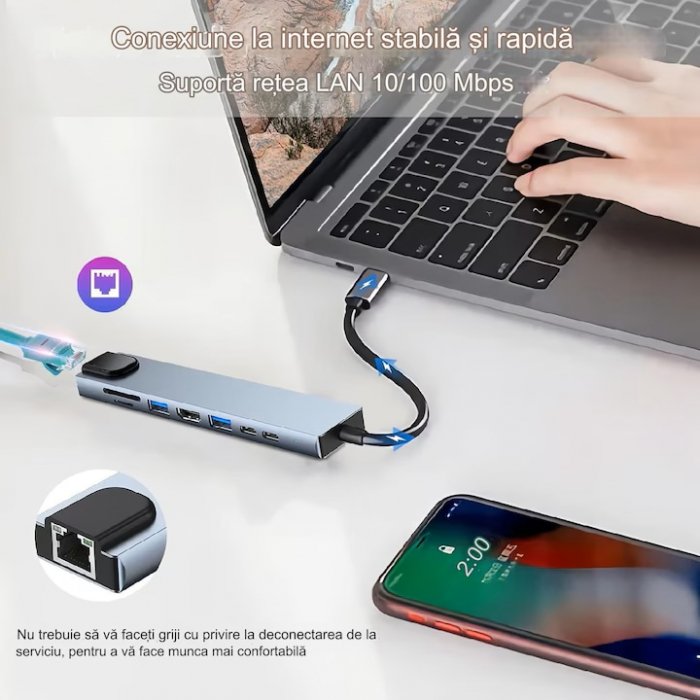 Hub Adaptor Multiport 8 in 1 VarioShop®, USB-C 3.1, HDMI 4K / LAN RJ45 Ethernet / Type C Port / USB 3.0 / Power Delivery Port 87W / TF si SD Card Reader, statie de Docking Station pentru Laptop [5]