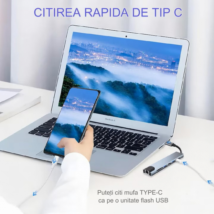 Hub Adaptor Multiport 8 in 1 VarioShop®, USB-C 3.1, HDMI 4K / LAN RJ45 Ethernet / Type C Port / USB 3.0 / Power Delivery Port 87W / TF si SD Card Reader, statie de Docking Station pentru Laptop [4]