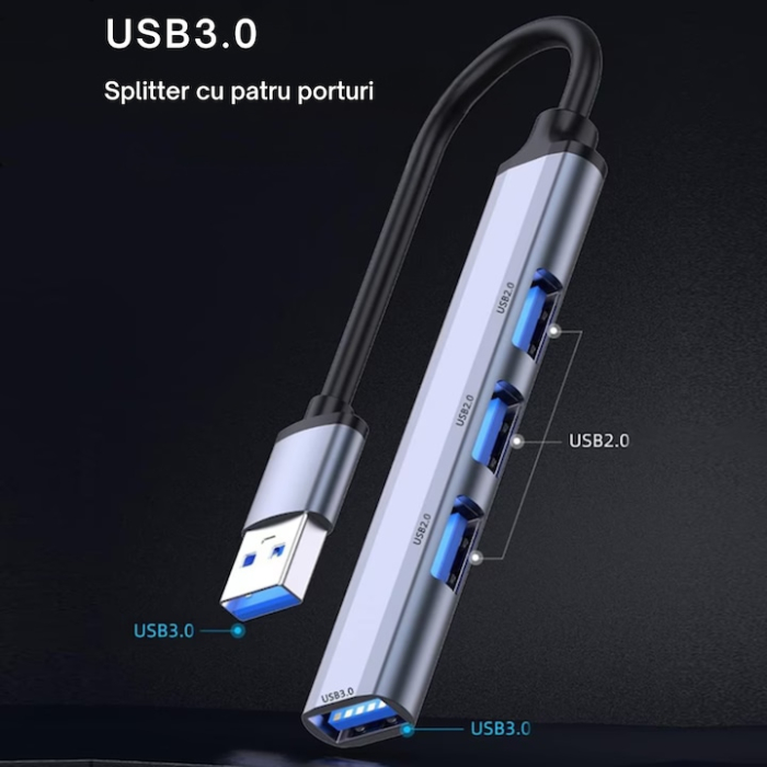 Hub pentru transfer date cu 4 porturi USB VarioShop®, 3.0 si 2.0, tehnologie Plug and Play, compatibil cu Windows, MacOS, Linux, 9 x 1.7 x 0.9 cm, Gri [3]