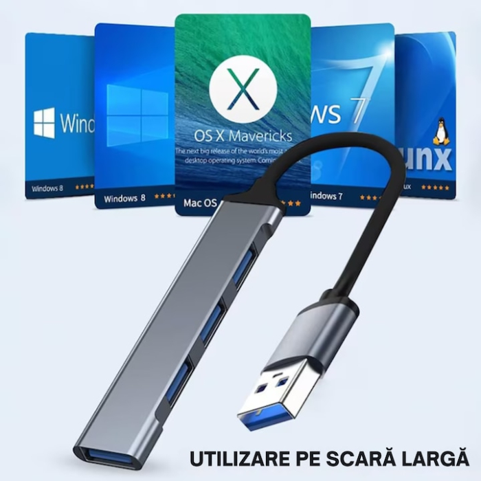 Hub pentru transfer date cu 4 porturi USB VarioShop®, 3.0 si 2.0, tehnologie Plug and Play, compatibil cu Windows, MacOS, Linux, 9 x 1.7 x 0.9 cm, Gri [2]