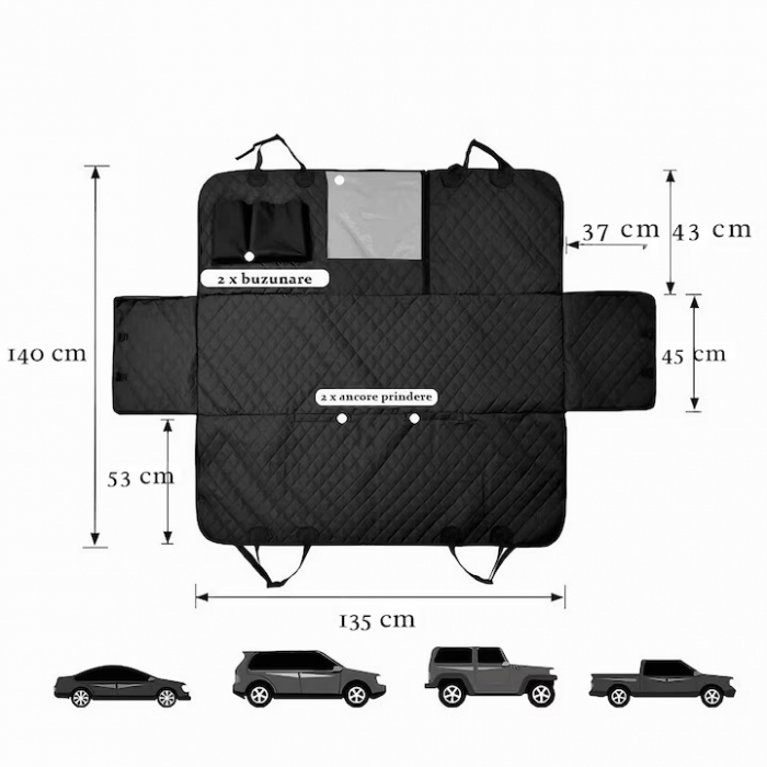 Husa Auto Profesionala VarioShop®, Pentru Protectie si Transport Animale, Caini si Pisici Destinata Banchetei Auto sau Portbagajului, Fereastra Observare, Sectiuni Laterale tip Hamac, Antialunecare, I [8]