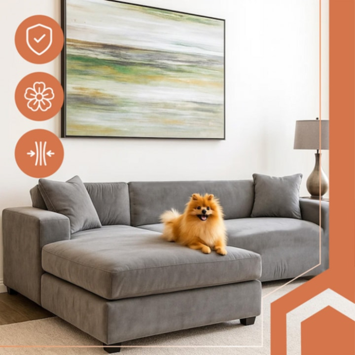 Husa canapea colt din catifea elastica VarioShop®, impermeabila, lavabila si potrivire universala, 190-230 cm, Gri [5]