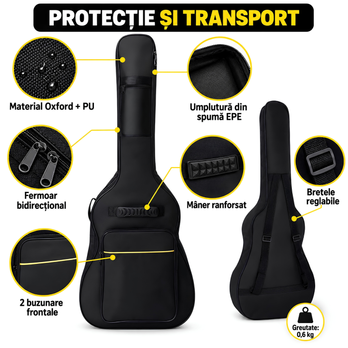Husa de chitara VarioShop®, pentru transport si depozitare, cu bretele reglabile si 2 buzunare, 107 x 41,5 x 10 cm, negru [5]