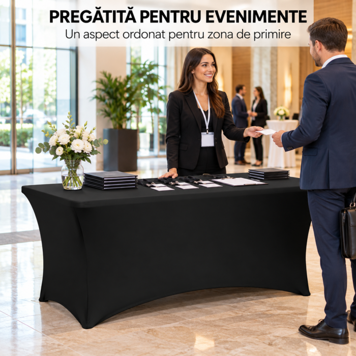 Husa elastica pentru masa VarioShop®, pentru banchete si catering, buzunare pentru picioare, reutilizabila, poliester cu spandex, lavabila la 30°C, neagra [5]