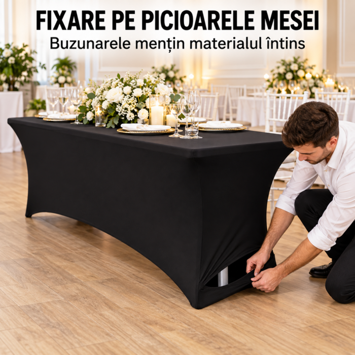 Husa elastica pentru masa VarioShop®, pentru banchete si catering, buzunare pentru picioare, reutilizabila, poliester cu spandex, lavabila la 30°C, neagra [7]