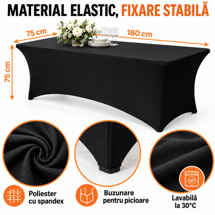 Husa elastica pentru masa VarioShop®, pentru banchete si catering, buzunare pentru picioare, reutilizabila, poliester cu spandex, lavabila la 30°C, neagra [2]