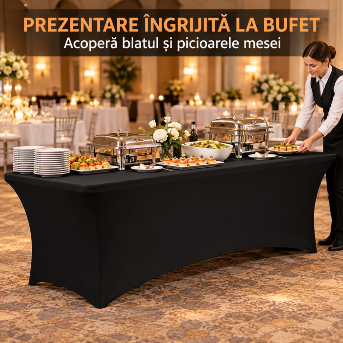 Husa elastica pentru masa VarioShop®, pentru banchete si catering, buzunare pentru picioare, reutilizabila, poliester cu spandex, lavabila la 30°C, neagra [4]
