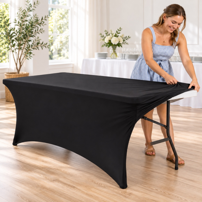 Husa elastica pentru masa VarioShop®, pentru banchete si catering, buzunare pentru picioare, reutilizabila, poliester cu spandex, lavabila la 30°C, neagra [11]