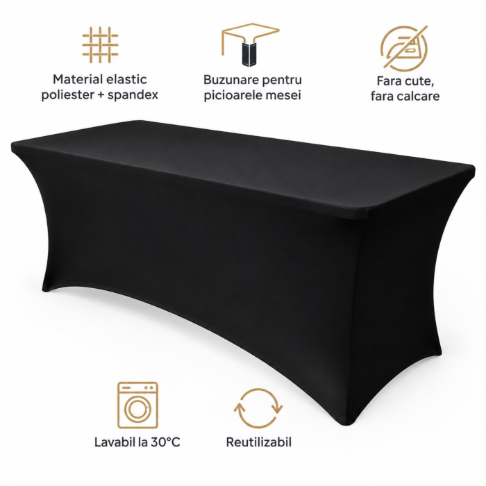 Husa elastica pentru masa VarioShop®, pentru banchete si catering, buzunare pentru picioare, reutilizabila, poliester cu spandex, lavabila la 30°C, neagra [8]