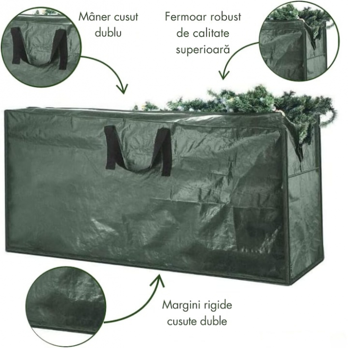 Husa pentru depozitarea bradului de Craciun VarioShop®, protectie impotriva prafului, murdariei, apei, cu manere, fermoar, usor de transportat, 165 x 75 x 37 cm, Verde [3]