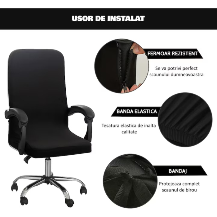Husa pentru scaun de birou VarioShop®, universala, lavabila, inaltime spatar 80 cm, fermoar si banda elastica, 40 x 45 x 9 cm, Negru [3]