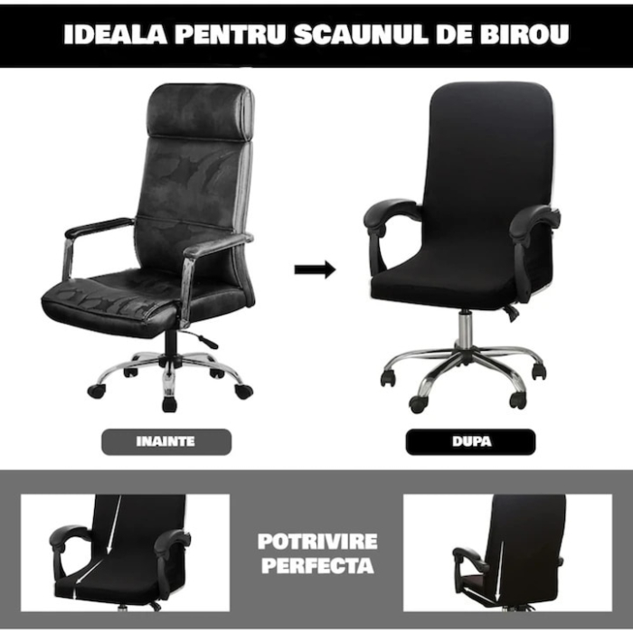 Husa pentru scaun de birou VarioShop®, universala, lavabila, inaltime spatar 80 cm, fermoar si banda elastica, 40 x 45 x 9 cm, Negru [2]