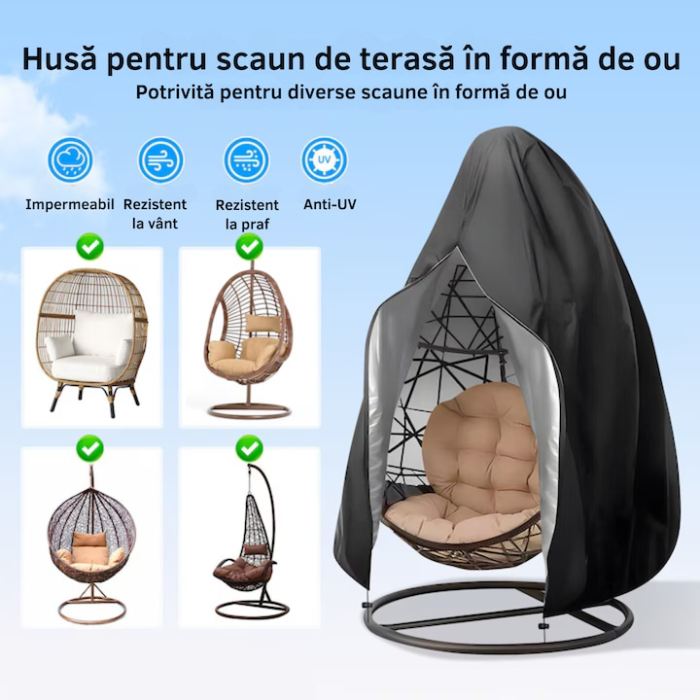 Husa pentru scaun de gradina VarioShop®, tip ou, impermeabila, rezistenta la UV, husa de depozitare, 168 × 115 cm, neagra [5]
