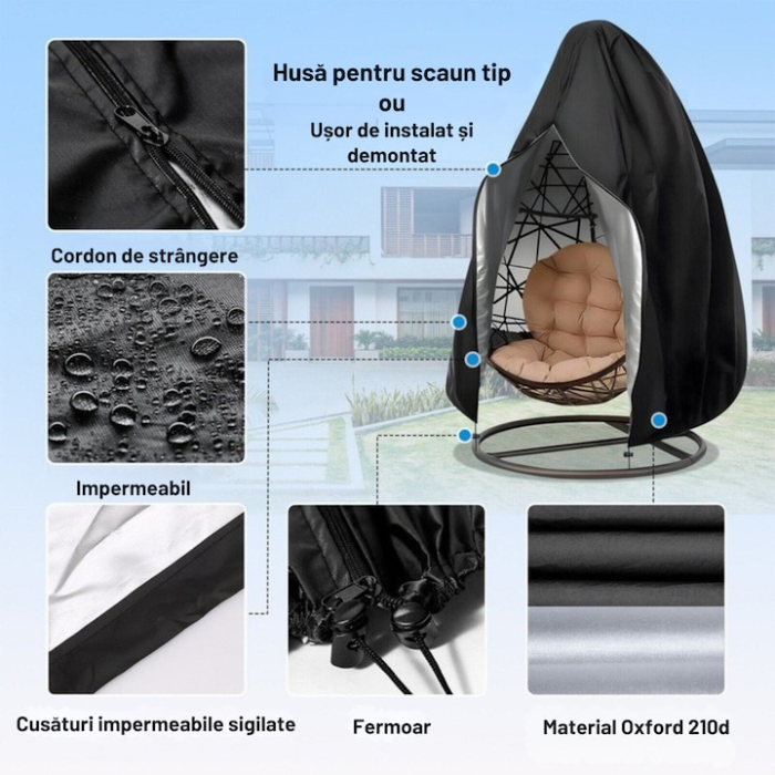 Husa pentru scaun de gradina VarioShop®, tip ou, impermeabila, rezistenta la UV, husa de depozitare, 168 × 115 cm, neagra [3]