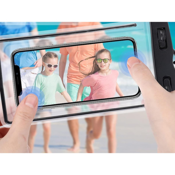Husa telefon impermeabila universala VarioShop®, cu fereastra tactila dubla, sistem de siguranta, compatibila pana la 6.5", ideala pentru piscina, plaja, sporturi acvatice si drumetii, Negru [10]