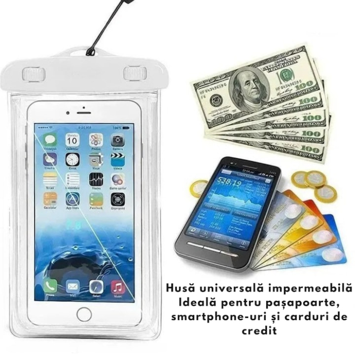Husa telefon impermeabila universala VarioShop®, cu fereastra tactila dubla, sistem de siguranta, compatibila pana la 6.5", ideala pentru piscina, plaja, sporturi acvatice si drumetii, Alb [2]