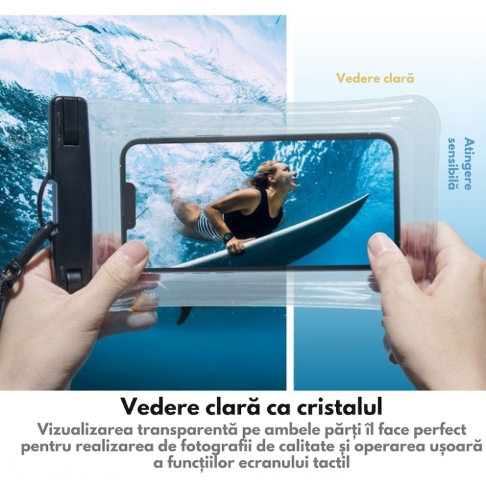 Husa telefon impermeabila universala VarioShop®, cu fereastra tactila dubla, sistem de siguranta, compatibila pana la 6.5", ideala pentru piscina, plaja, sporturi acvatice si drumetii, Negru [2]
